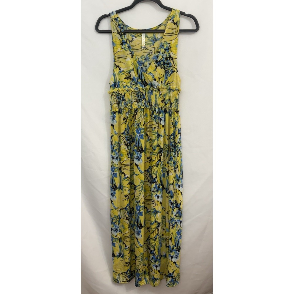Paradise Contour Maxi Dress Yellow Floral Tropical Stretchy Womens Size S‎